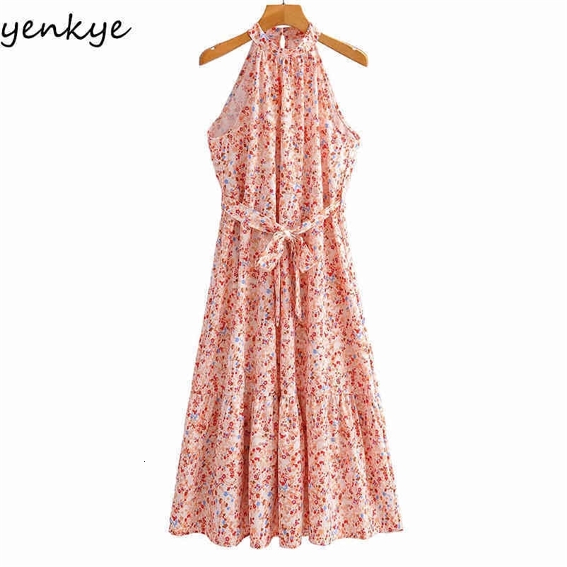 YENKYE Floral Print Halter Dress Women Sleeveless Free Belt Holiday Summer Beach Dress Female A-line Midi Casual Vestido 210515