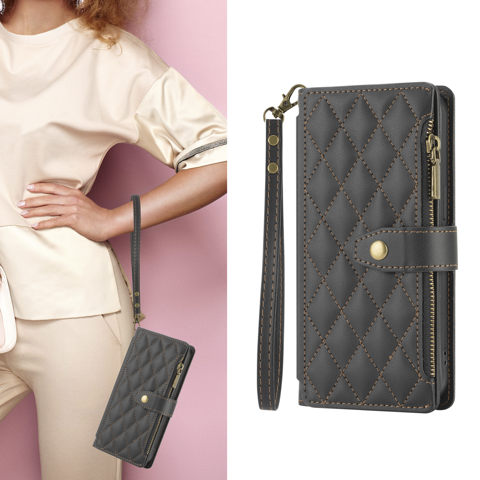 Quilted Leather Wallet Phone Case with Card Slots, Zipper & Wrist Strap, Protective Flip Cover for Mobile Phones