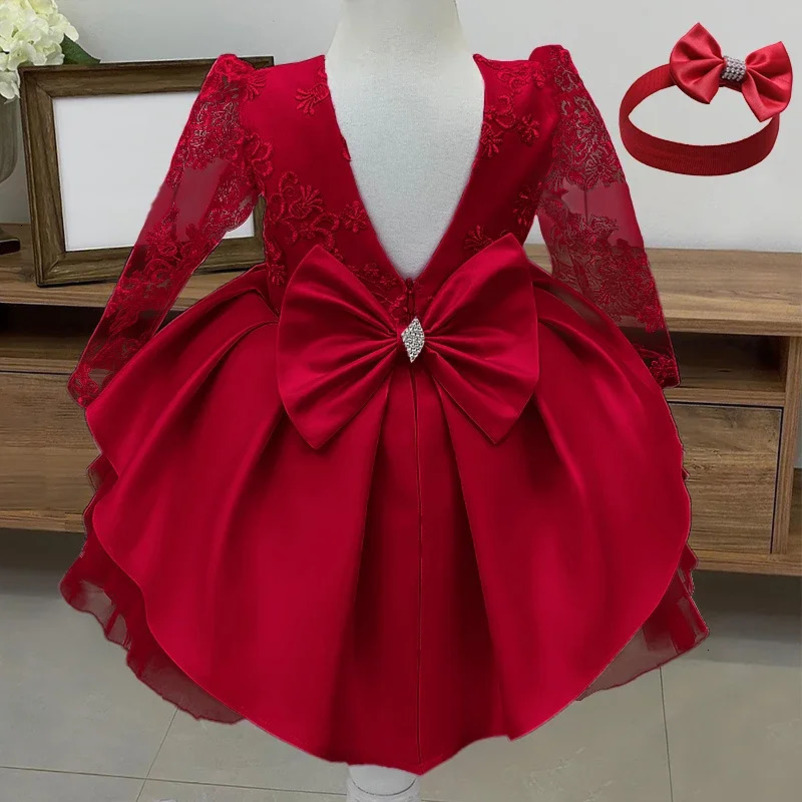 Red Birthday Princess Dress Winter Fall Baby Girl Toddler Backless Lace Wedding Flower Girl Clothes 241219