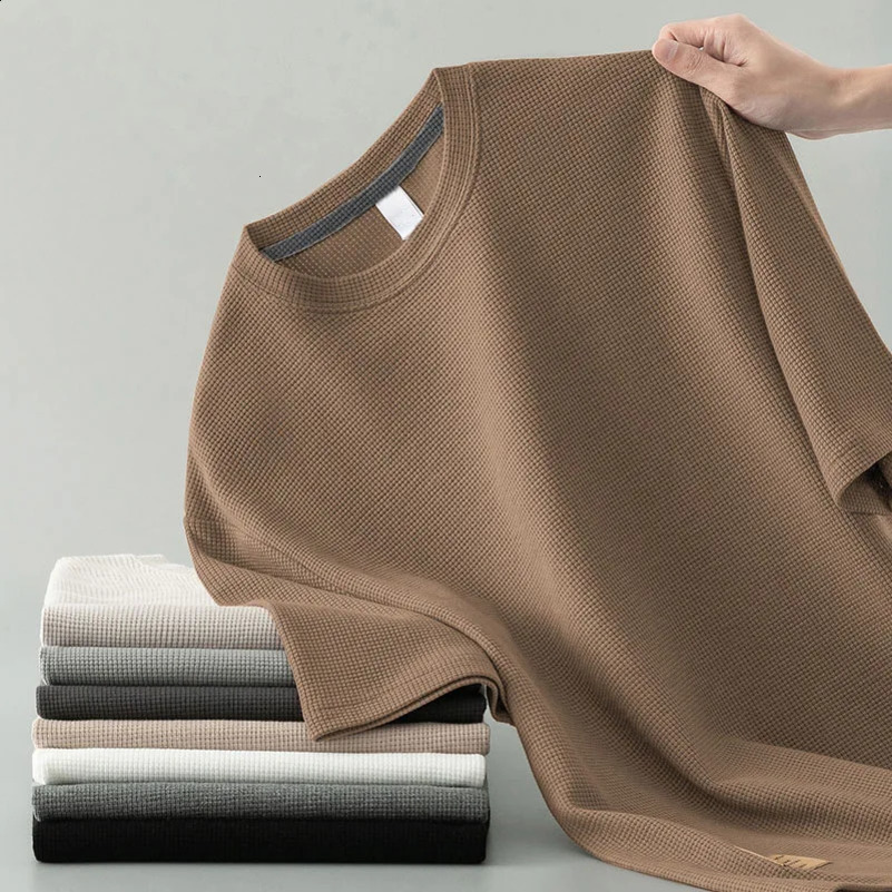 1 mens summer T-shirt mens short sleeved waffle solid T-shirt mens solid color casual tee round mens round neck fashionable top 250427