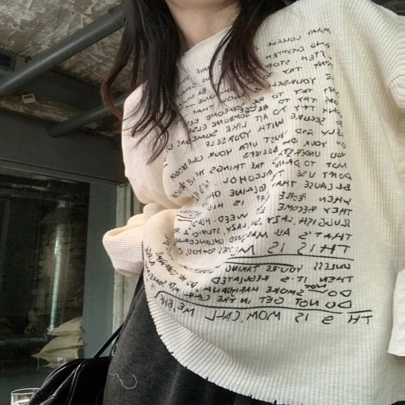 Casual simple letter printed Oneck Tshirt Y2k EGirl long sleeved slim fit summer white bottom top for women 240810