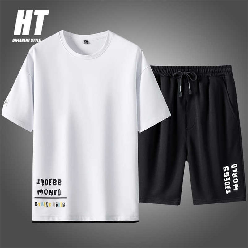 Summer 2PC Men Casual Tracksuits Set Short Sleeve T Shirts Gym Running Sweat Suit Male Sportswear Letter Print Short Sport Sets 210603