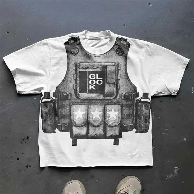 Street wear Y2K Harajuku T-shirt mens hip-hop bulletproof vest printed ultra-fine cotton short sleeved casual top T-shirt 250118