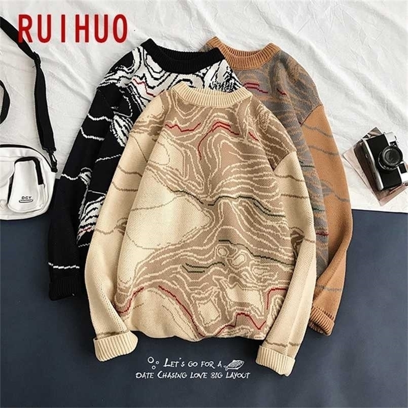 RUIHUO Contour Knit Sweater Men Clothing Fashion Harajuku Sweaters Pullover Mens Sweater For Men Korean Clothes M-5XL 211008