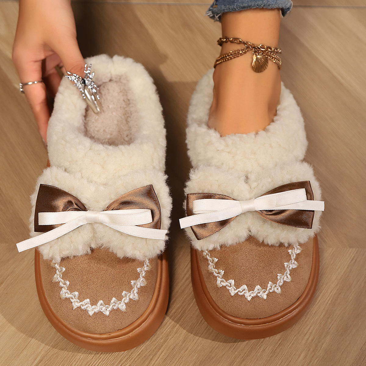 Cute Bow 2025 Autumn Winter New Plush Warm Outdoor Thick Sole Cotton Slippers for Women ddmymarket