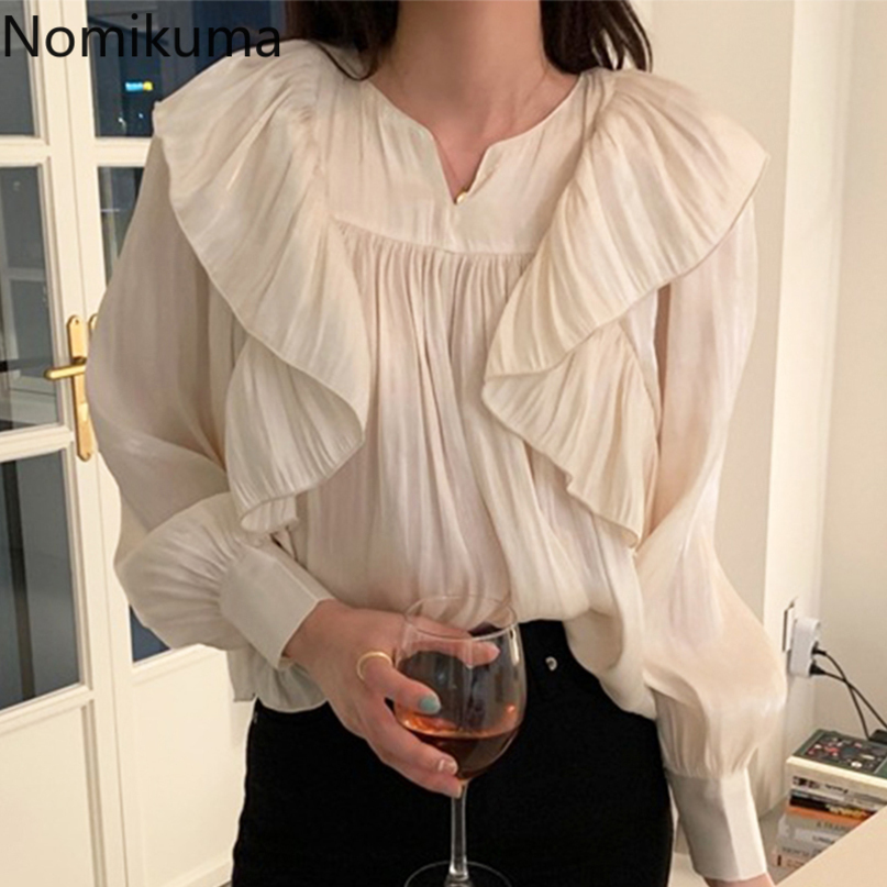 Nomikuma Women Blouse Korean Pleated Ruffle Patchwork Shirt Causal Lantern Long Sleeve V-neck Blusas Ropa De Mujer 6D960 210427