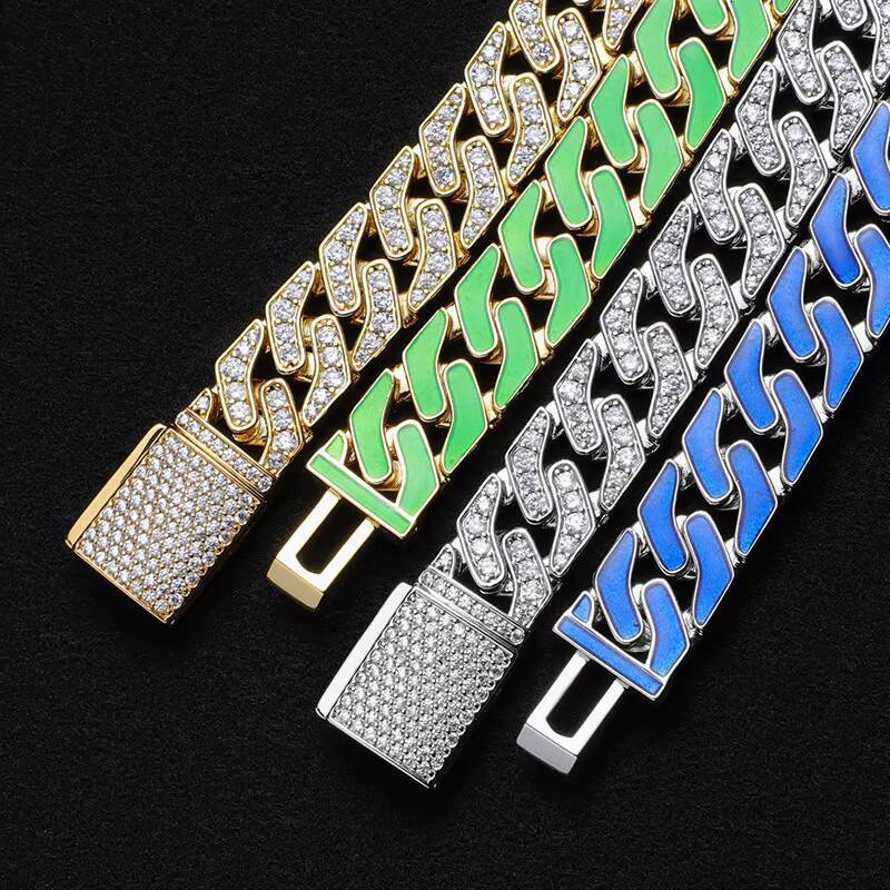 13mm Hip Hop Jewelry Cuban Link Chain Glowing in the Dark 18k 14k Iced Out 925silver Inset Moissanite Men Bracelet Necklace