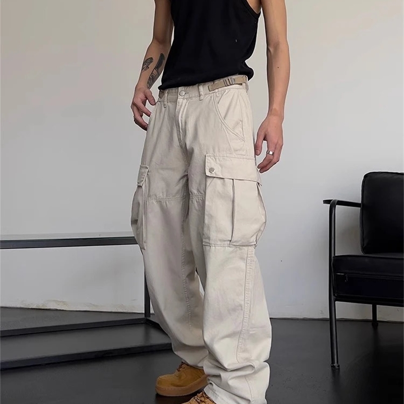 Cargo Pants Men High Street Retro Casual Large Pocket Overalls High Waist Loose Straight Tube Draped Wide Leg Pants For Women 240126