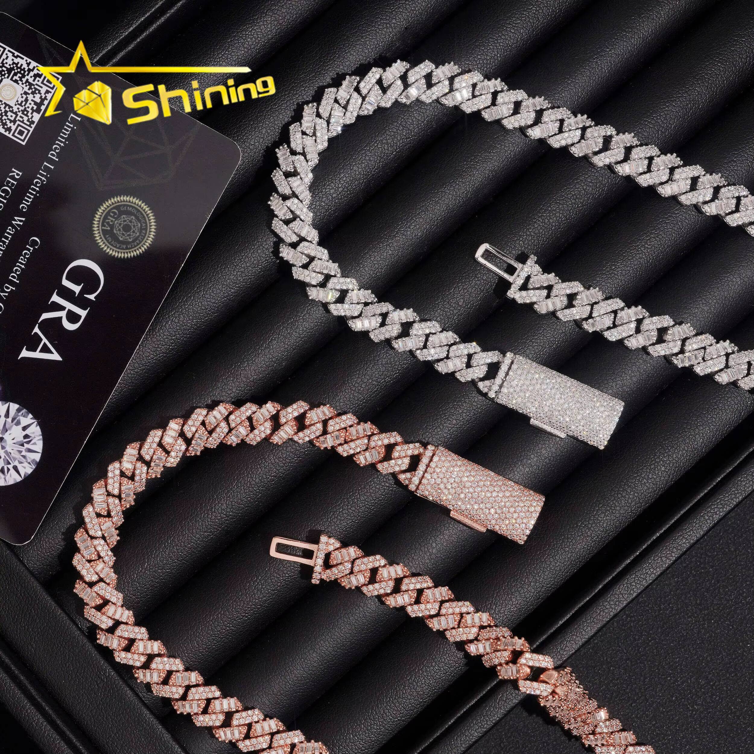 Baguette Mixed Round 8mm Iced Out VVS Moissanite Pass Diamond Test Cuban Link Chain Hip Hop Mens 925 Sterling Silver Necklace