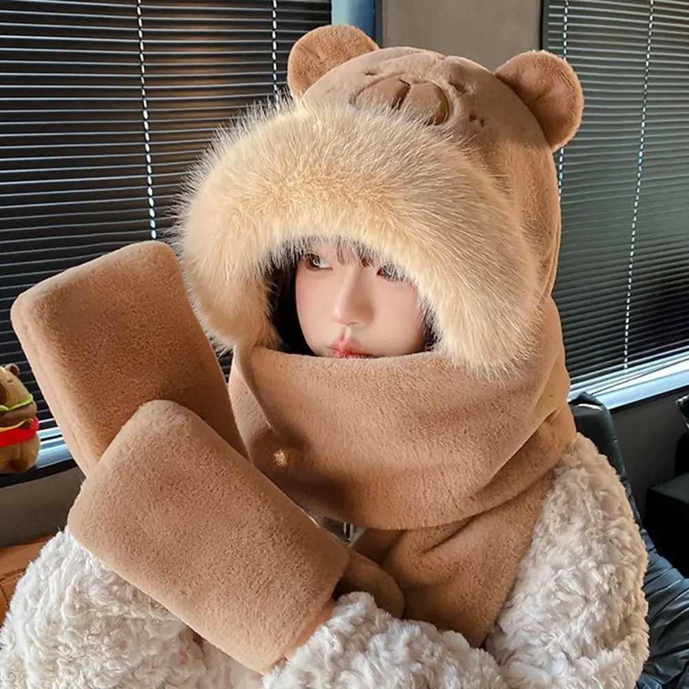 Fashion 3 in 1 Capybara Hat Scarf Set Panda Warm Scarf Hat Glove for Wen Casual Cute Cartoon Plush Hat Lady X250925