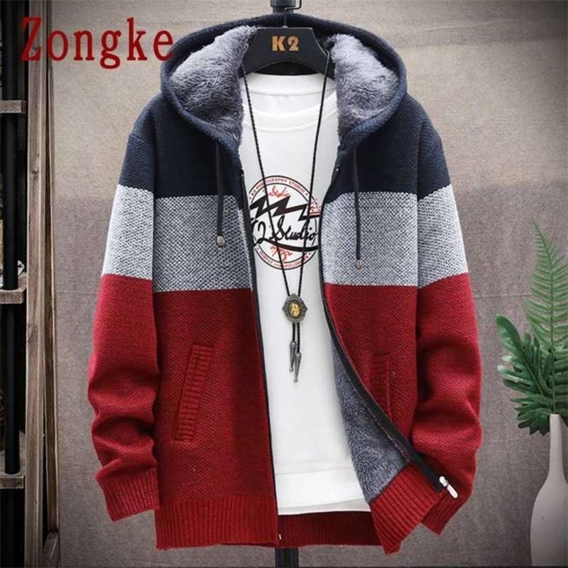 Zongke Patchwork Hooded Cardigan Men Clothing Winter Knitted Cardigan Sweater Men Coats Wool Men Sweater Fashion M-3XL 210929