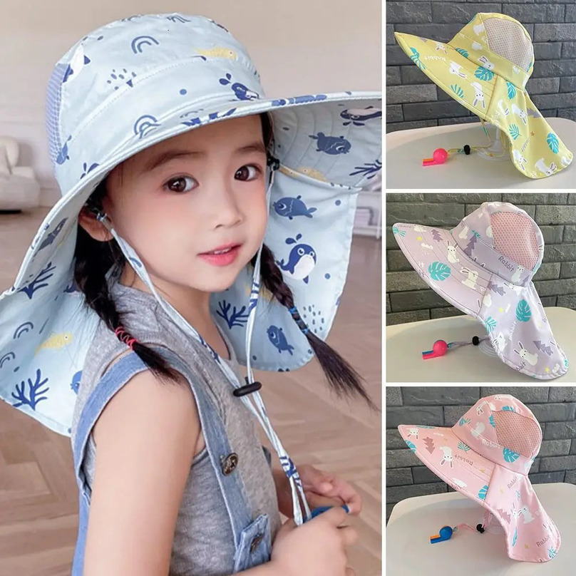 Summer Baby Sun Hat Bucket Cap With Whistle For Girls Boys Outdoor Neck Ear Cover Anti UV Kids Beach Caps 250528