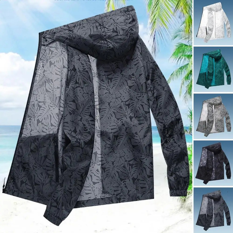 Mens summer sun protection jacket with moisture-proof wick cooling print breathable zipper pocket sun protection and waterproof Plus size hiking trip 