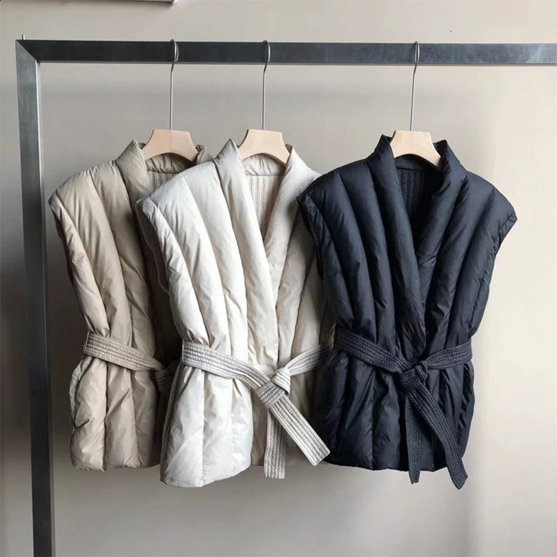 Lagabogy Winter Womens 90% White Duck Down Tank Top Knitted Splicing with Vneck Waist Coat Lace Padded Sleeveless 240910