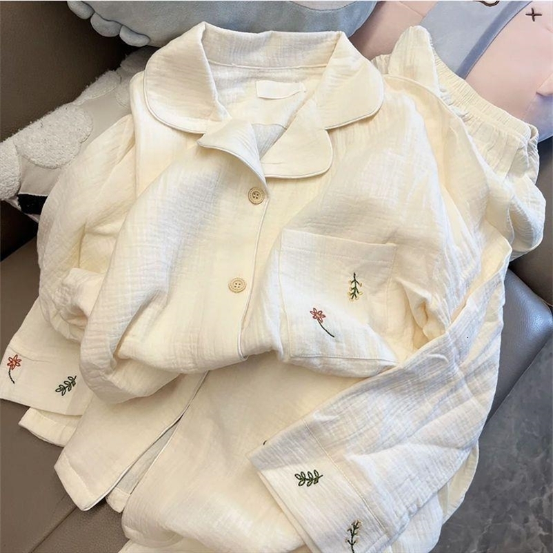 Women's Sleepwear M-5XL Korean Version Pajamas Women Sleepwear Cotton Yarn Cardigan Long-Sleeved Suit Embroidery Plus Size Home Wear Clothes 2303