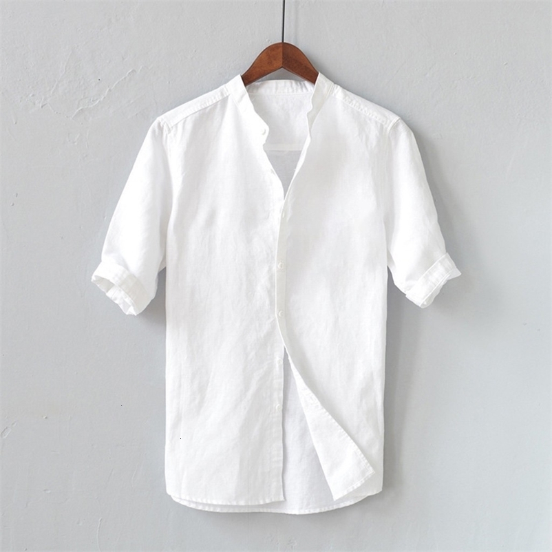 Men's Casual Shirts Men's standing collar with white lining basic short sleeved buttons solid color ultra-thin street clothing men's to