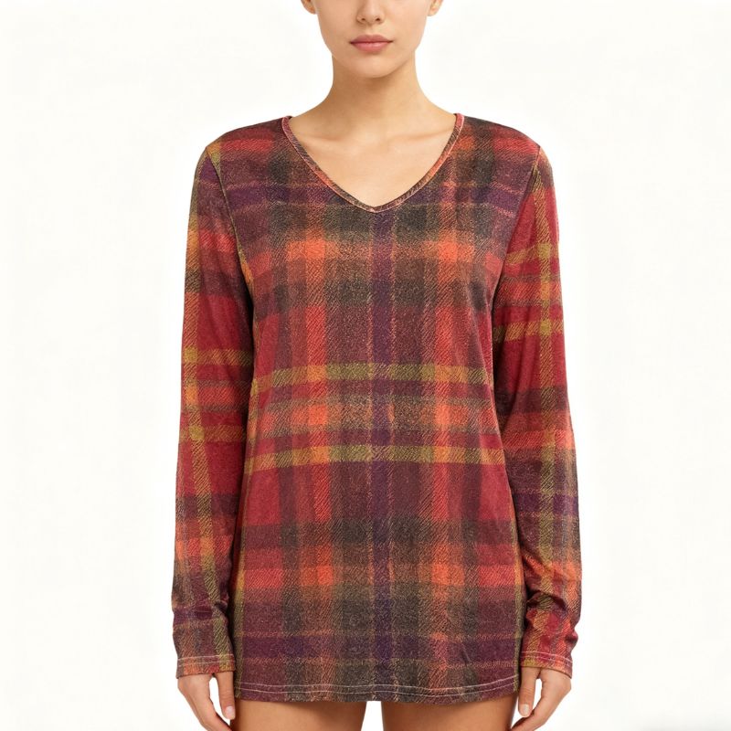 Women's Plus Size Vintage Plaid V - Neck Long Sleeve T - Shirt Milk Silk Casual Versatile Top-YL23501