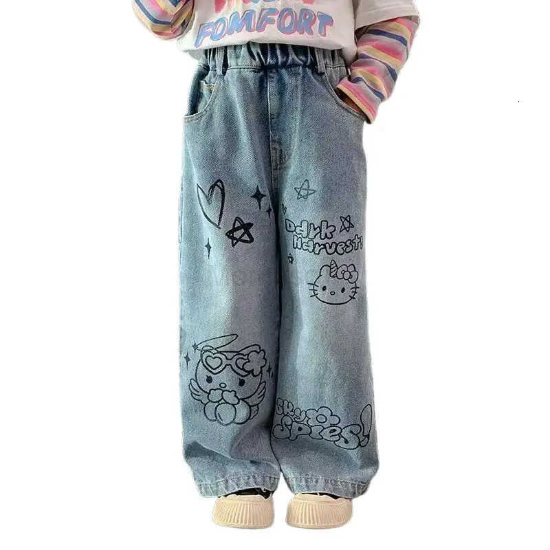 Sanrio Hello Kitty Jeans Straight Pants WideLeg Girl Children Spring Fall Kawaii Anime Cartoon Fashion New Hot Casual Clothing L250925