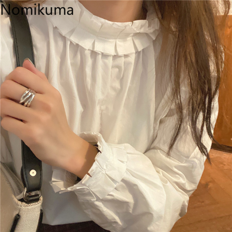 Nomikuma Women Blouse Korean Pleated Ruffle Puff Long Sleeve O-neck Pullover Shirt Autumn New Causal Blusas Mujer 6C619 210427