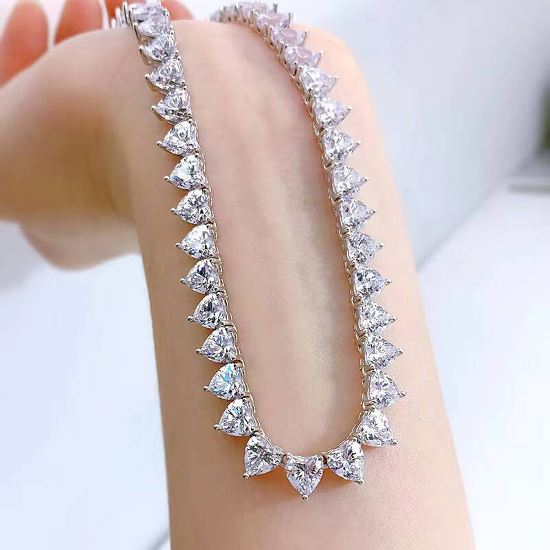 925 Sterling Silver Prong Setting 6x7mm White Heart Moissanite Tennis Chain Necklace