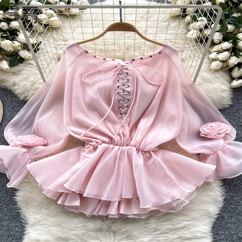 Singreiny Sweet Casual Chiffon Shirt Womens Summer Sparkling Sleeve Shoulder Lace Top Womens Ruffle Vacation Shirt 250402