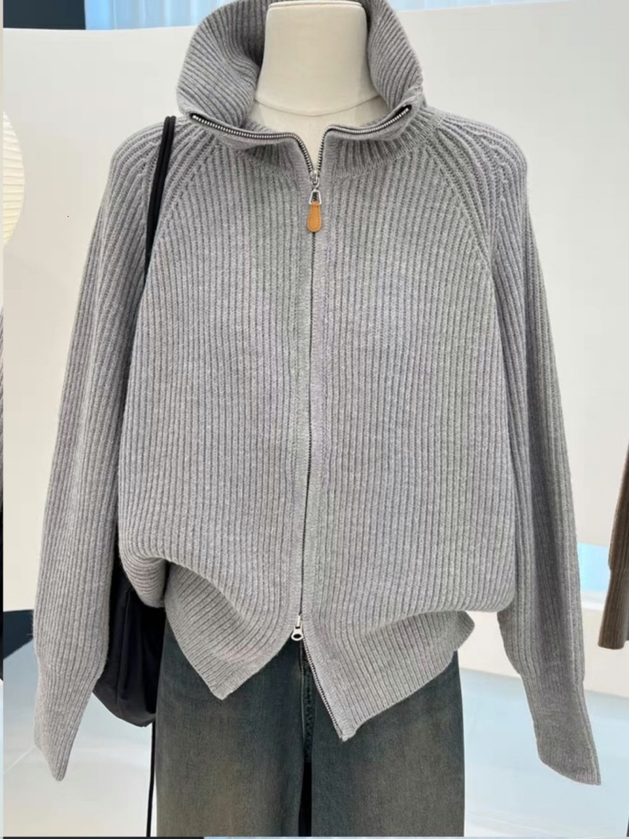 New Women's Knitted Double Zipper Jacket Thickened Lazy Cardigan for Women