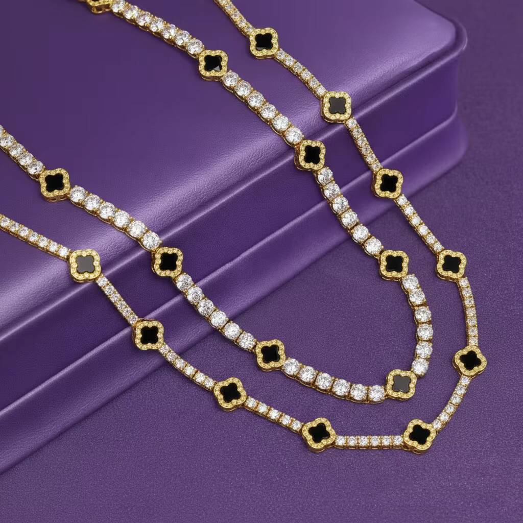 GRA 925 Solid Silver Tennis Chain 3mm 5mm Black Agate Clover Moissanite Tennis Chain Necklace Bracelet Fine Moissanite Jewelry