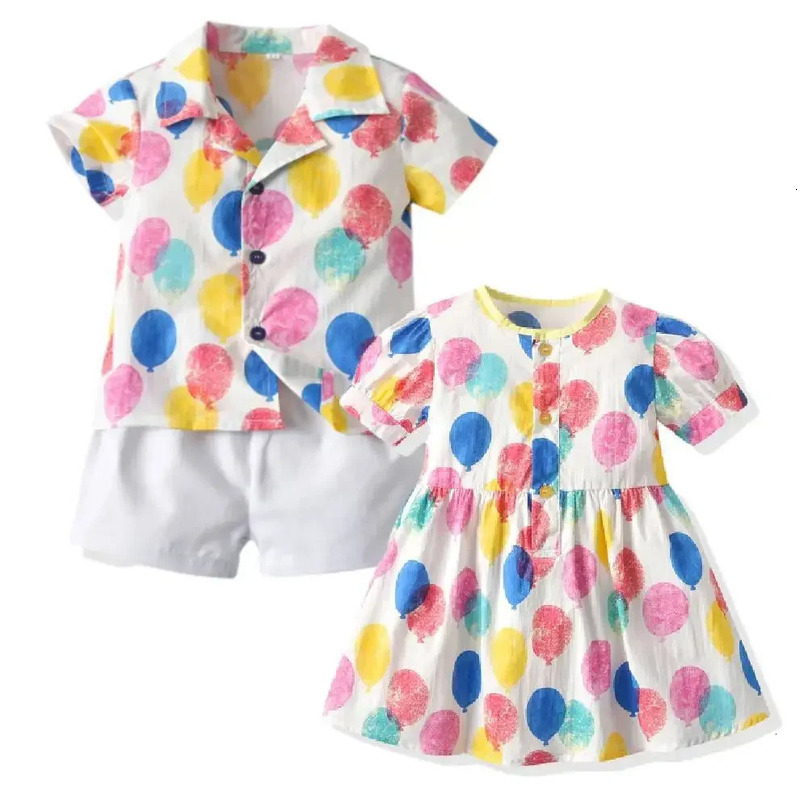 Girls Korean Style Spring Flowers Sweet Princess Dress Boys Shirt and Shorts Set Brother and Sister Family Matching Outfits 250613