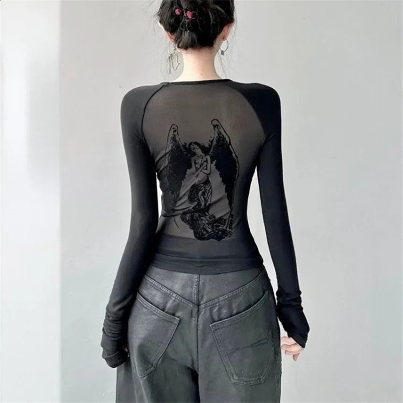 Black Retro Angel Print T-shirt for Women Autumn Fashion Slim Fit Tee Shirt Y2k E-Girl Long Sleeve Bottoming Tops Mujer 240716