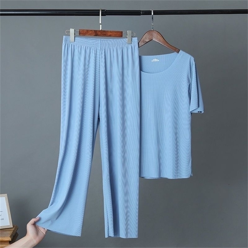 Women's Pants Capris Plus Size Trousers Suit Summer Loose Ice Silk Cool Thin Top and High Waist Wide-Leg Home Casual Pajamas 221109