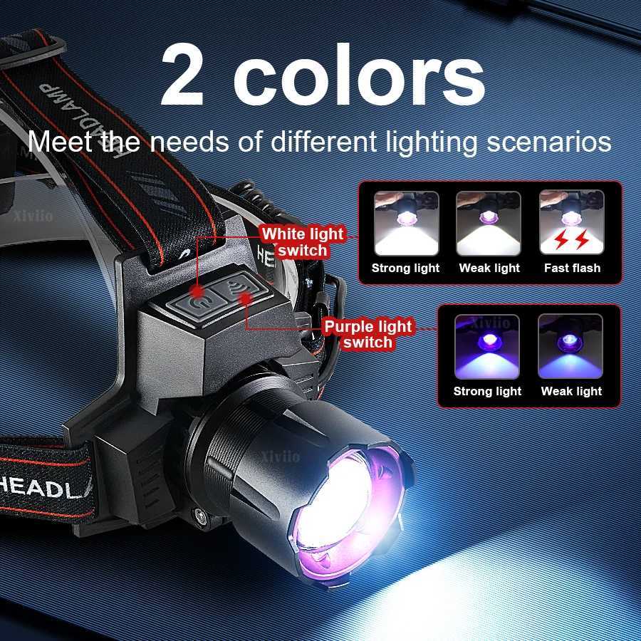 5000000LM Super Powerful LED Headlamp WhitePurple Light Rechargeable Headlight 18650 Head Flashlight Waterproof Fishing Lantern J250925