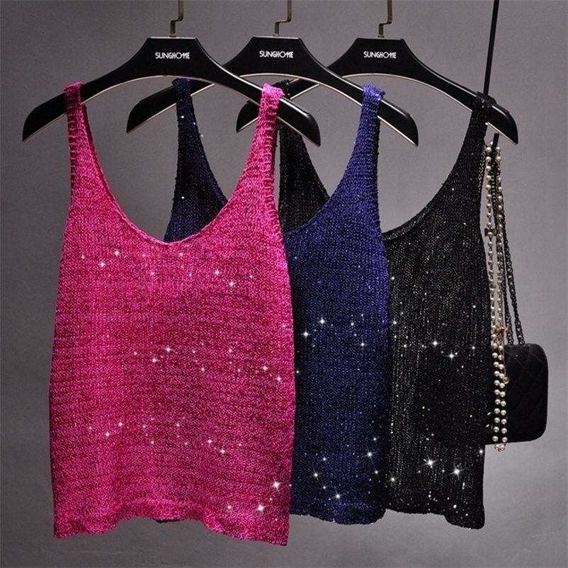 Camisoles Tanks Spring and Summer of The V-neck Condole Belt Knit Sequined Vest Outside The Joker Sleeveless T-shirt Top Coatt 230327