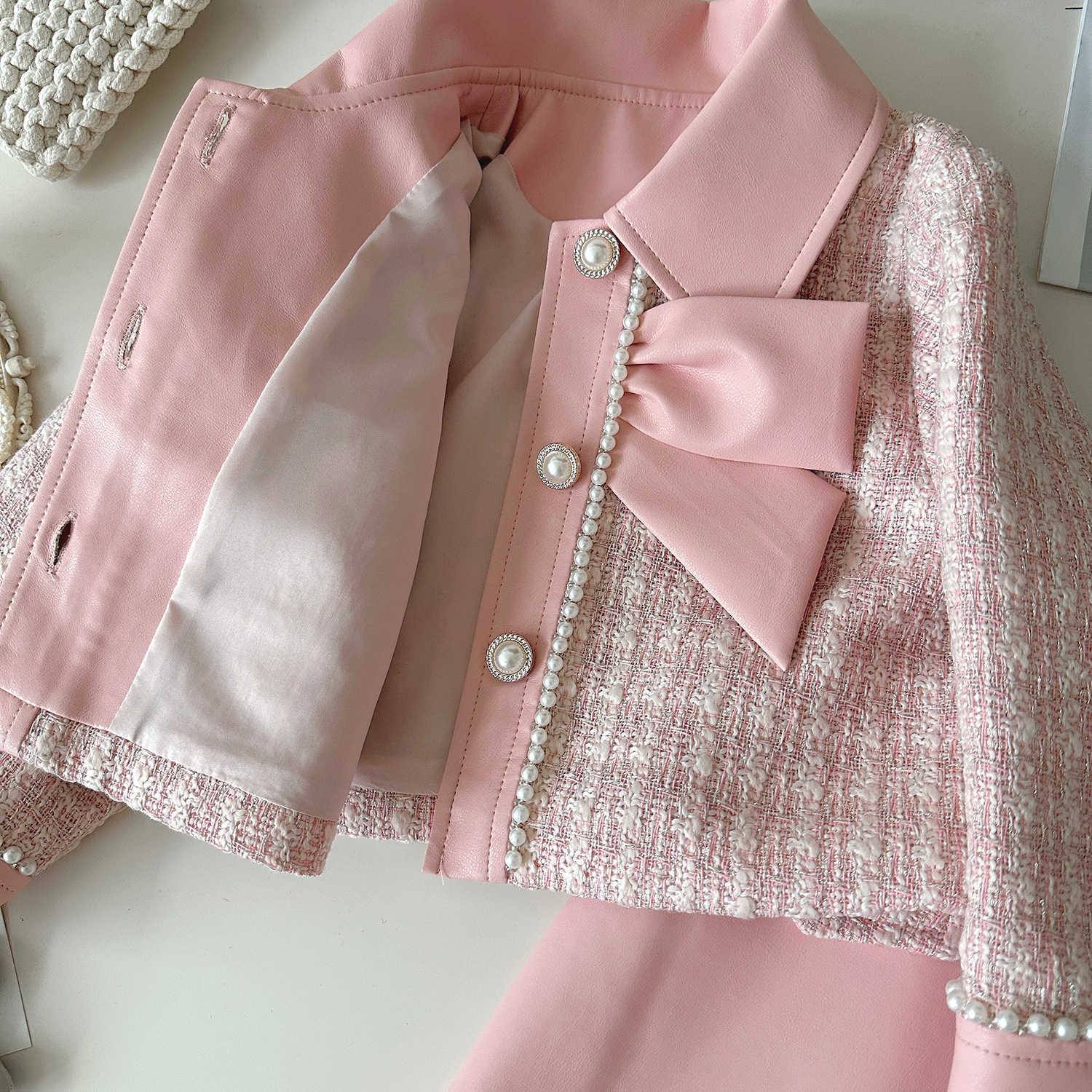 New children's dress set - autumn style - little girl's chic pink coat, short dress and skirt in French high-end two-piece set