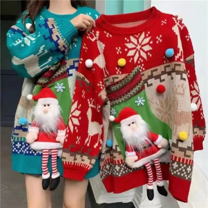 Autumn and Winter Christmas Red 3D Cartoon Decorative Knitted Sweater for Womens Lazy Style Loose Round Neck Zipper 241113