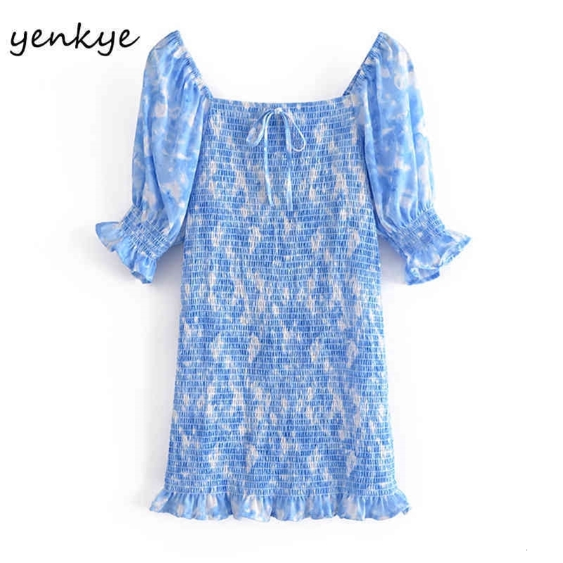 YENKYE Blue Tie Dye Elastic Dress Women Puff Sleeve Square Neck Sexy Bodycon Mini Dress Female Party Summer Vestido 210515