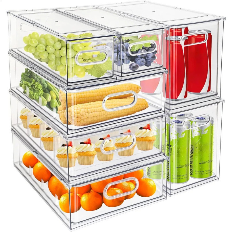 7 packs of stackable refrigerant manager Bins pullout drawers for fruit and vegetable storage used freezing transparent 240919