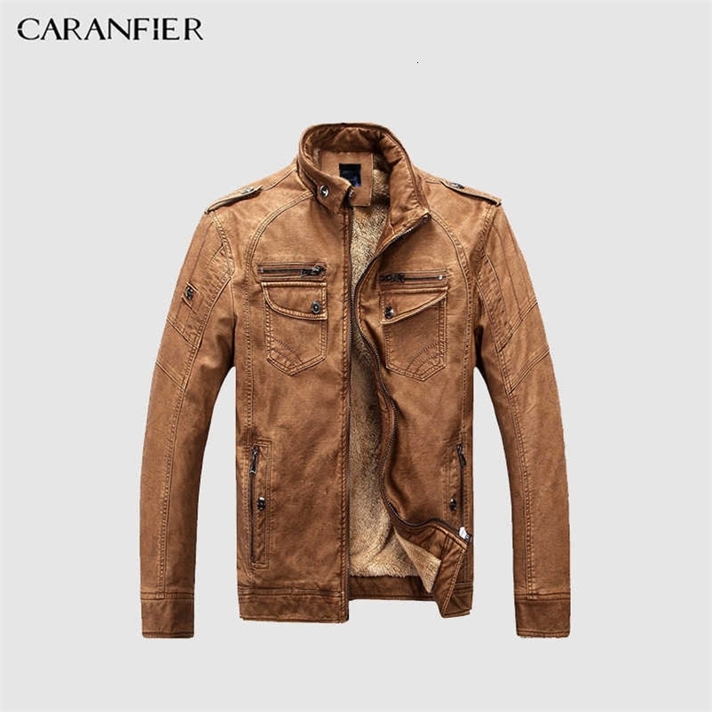 CARANFIER Mens Wash Leather Jackets Winter Men Faux Fleece Plus Thick Warm Coat Biker Motorcycle Male Classic Jacket Top Quality 211018