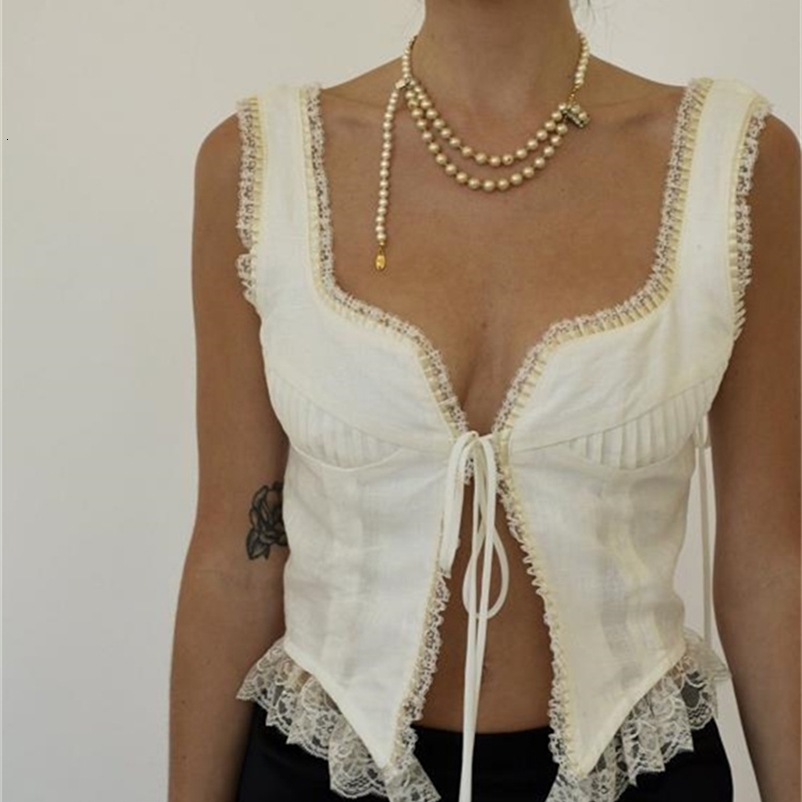 Women's Tanks Camis CHRONSTYLE y2k Women Floral Lace Patchwork Vest Top Sleeveless Low-Cut Tie-Up Chest Vintage Summer Camis Irregular Hem Tank 2