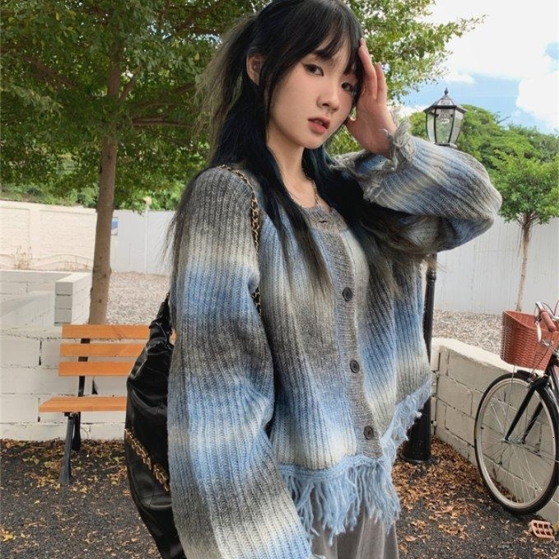 Women's Knits Tees Y2K Tassel Sweater Cardigan Women Harajuku Vintage Tie Dye Knitted Crop Jacket Autumn Korean Loose Gothic Knitwear Top Coat 23