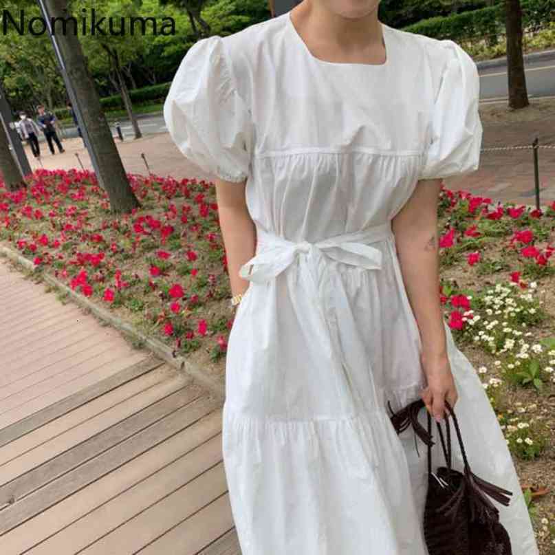 Nomikuma Elegant Square Collar Puff Sleeve Dresses Bow Bandage Slim Waist Korean Vestidos Causal Chic Solid Woman Dress 6H018 210427