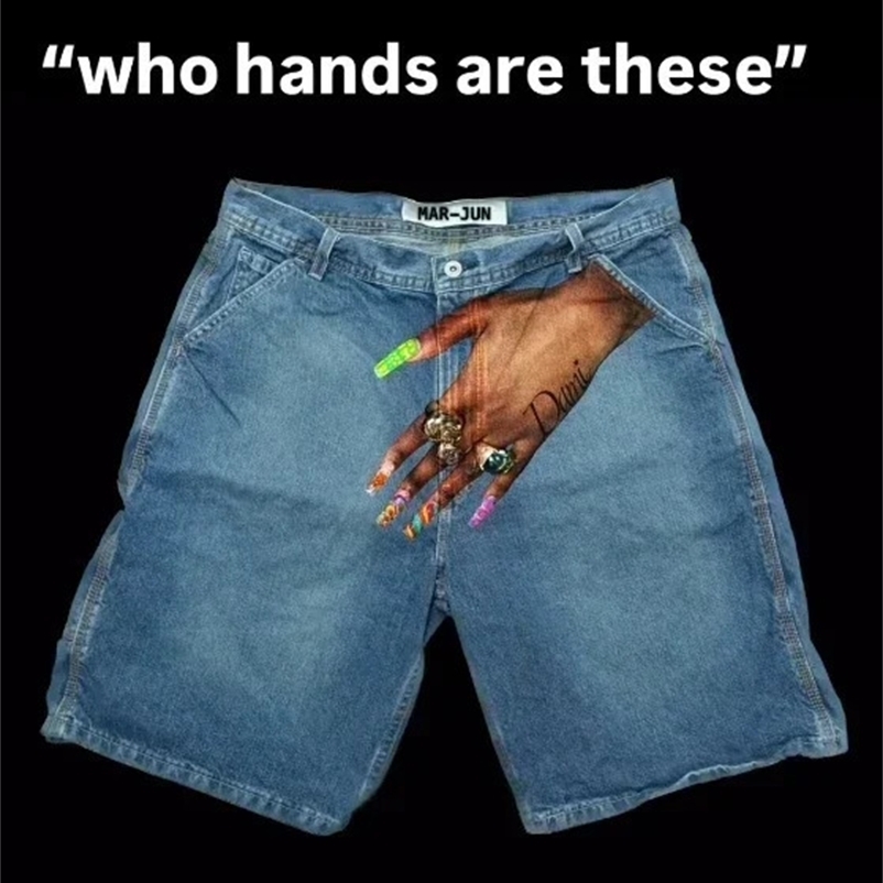 Hip Hop Hand shorts mens graphic print retro blue pocket denim gym shorts Gothic Harajuku sports shorts shorts Y2K 250118