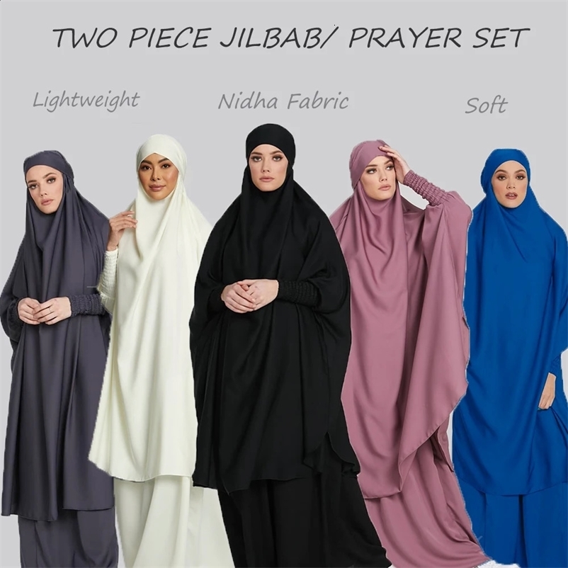 Two piece Jilbab Prayer Set Abaya Female Batwing Headscarf Dress Muslim Kimono Kaftan Robe Long Khimar Islamic Cloth Jilbab Ramadan 240925