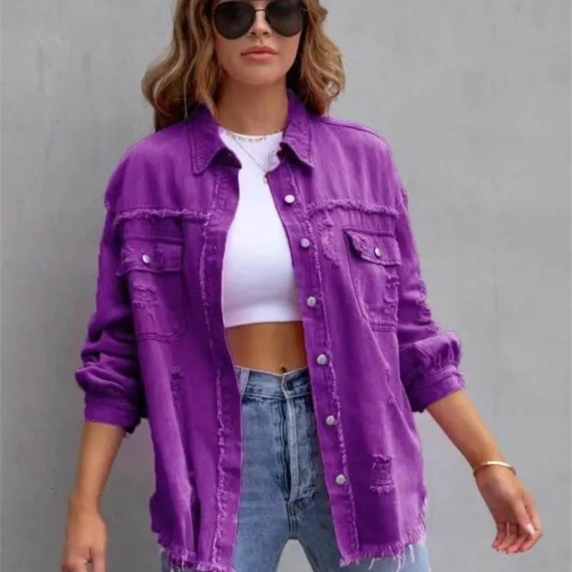 Autumn and Winter Womens Denim Jacket Fashion Grinding Edge Piercing Long Sleeve Single Chest Casual Collar Top 250317