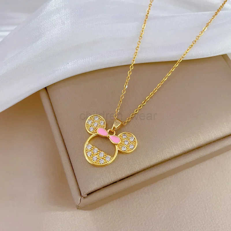 Disney Stainless Steel Cartoon Pink Bowknot Minnie Mouse Necklace for Women Girls Lovely Cute Accessories Cosplay Gifts for Kids H250925