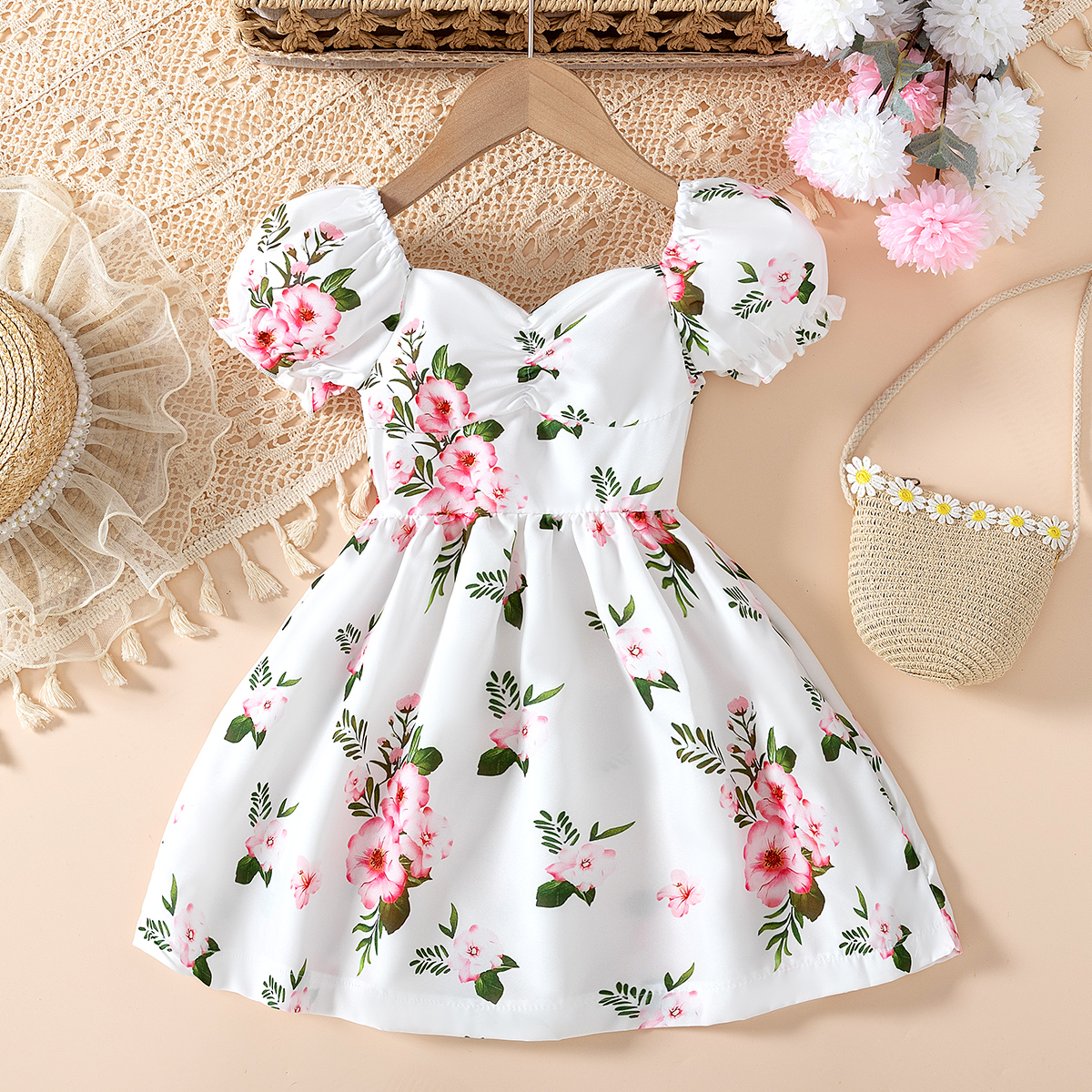 Toddler Girl Floral Print Dress, Puff Sleeve Sweetheart Neckline Dress for 4 - 7Y, Cute Summer Outfit-3000