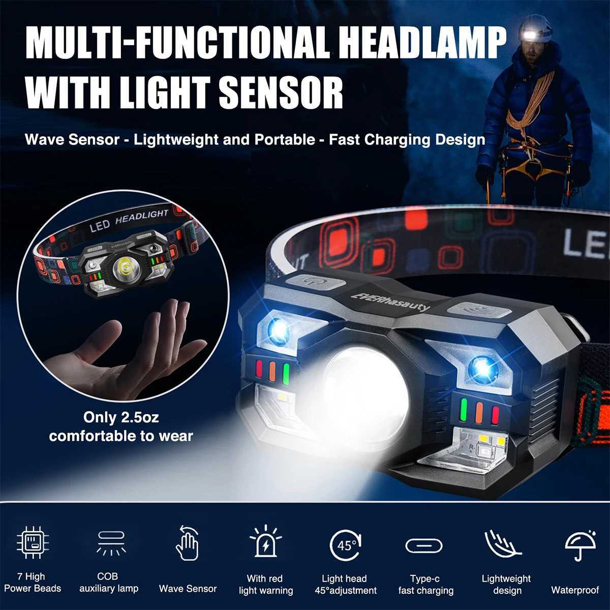 Rechargeable motion sensor headlamp Led Flashlight Work Mini Headlamps Usb Portable Outdoor For Camping Light Running flashlight J250925