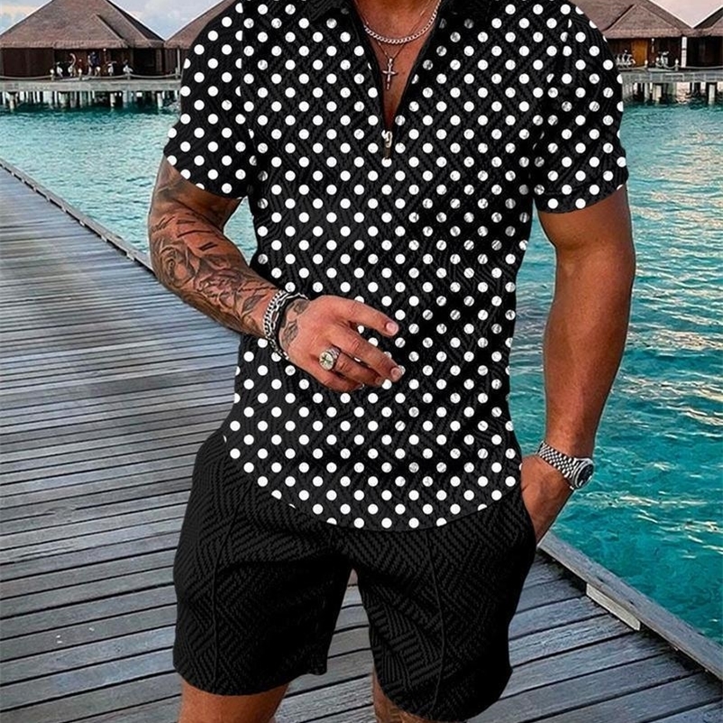 Men's Tracksuits Summer Sports Suit Men 3D Printed Casual Short Sleeve T Shirt Men's Lapel Zip Polo Shirt Men's Clothing Mens Polos Tra