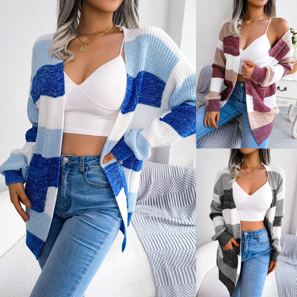 Autumn and Winter Color-Block Striped Lantern Sleeve Casual Cardigan Sweater Jacket Women's Fashion