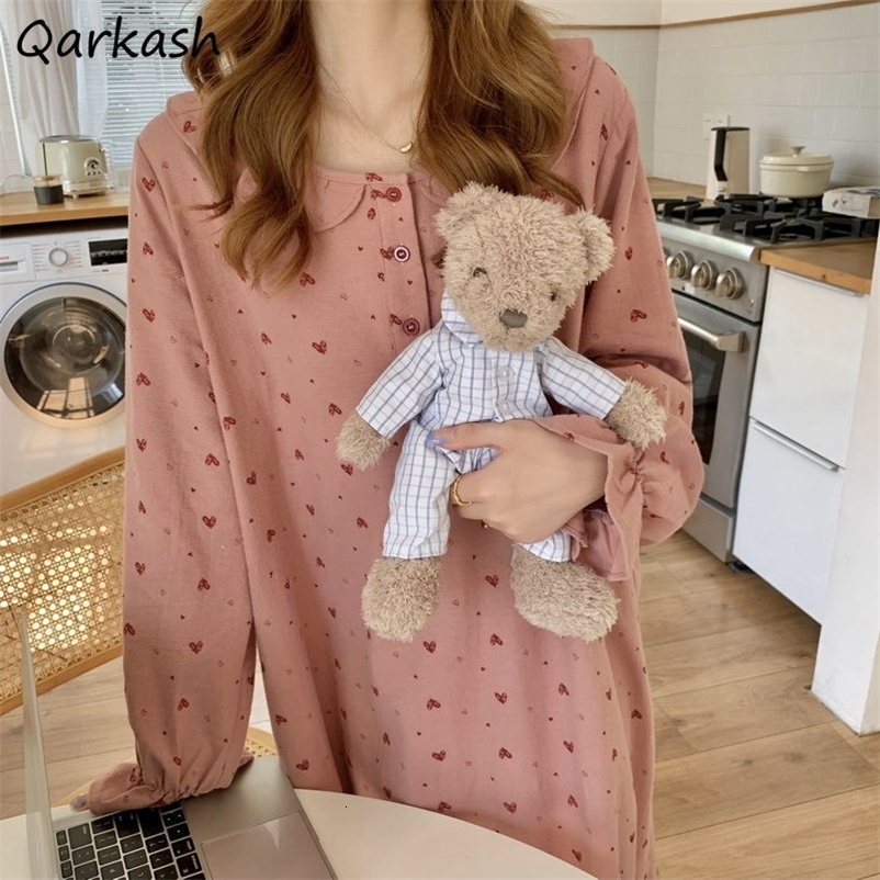 Women's Sleepwear Long Nightgowns Women Sweet Flare Sleeve Ruffles Heart-printed Lovely Mid-calf Nightie Loose Sleepwear Gentle Students Comfort 