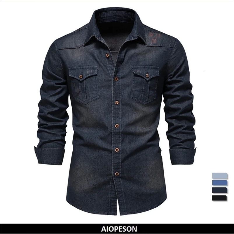 AIOPESON elastic cotton denim shirt mens long sleeved high-quality denim shirt mens casual slim fit mens er clothing 250422
